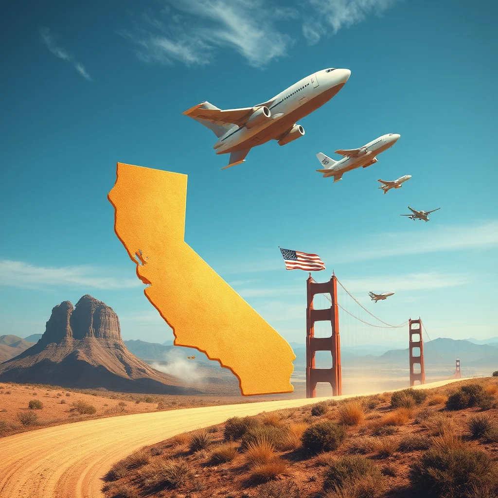 An aerial view of a surreal desert landscape with a giant golden outline of California floating in the sky. Several airplanes are flying in formation towards the Golden Gate Bridge, which is also depicted in the desert with an American flag waving from its pylon. The background features desert mountains and vegetation.