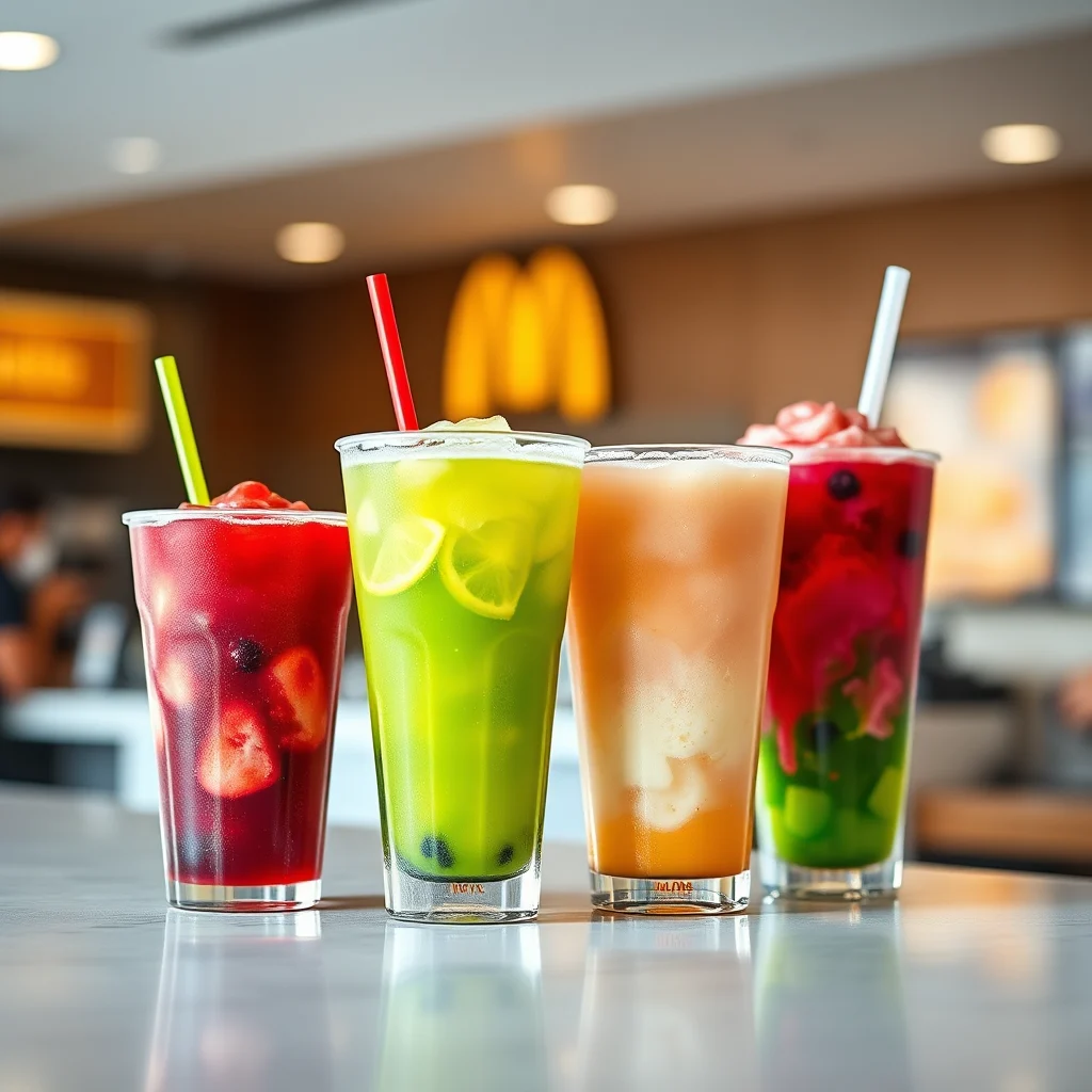Four tall, clear glasses of colorful drinks, each with a straw, sit on a reflective surface in front of a blurred background with a prominent golden "M" logo. The drinks vary in color from left to right: a deep red with visible fruit pieces, a bright green with lemon slices and black tapioca pearls, an opaque peachy-orange, and a vibrant pink and green layered drink.