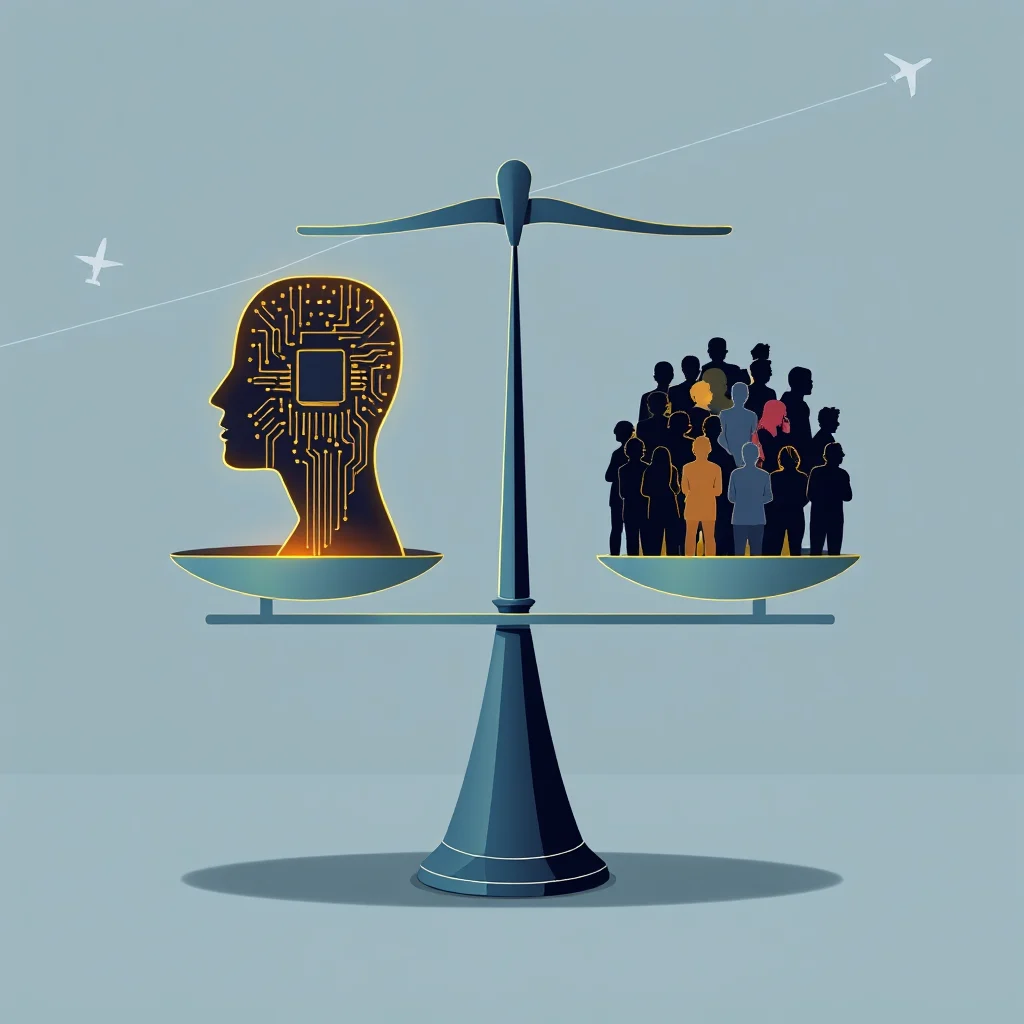A stylized illustration of a balance scale with a silhouette of a human head filled with glowing circuitry on the left pan, and a cluster of diverse human silhouettes on the right pan. Airplanes are depicted in the background, flying on diagonal lines.
