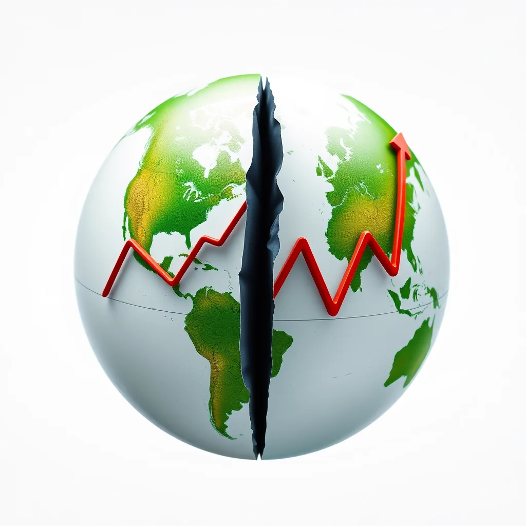 A 3D render of a cracked globe with a red economic graph superimposed.