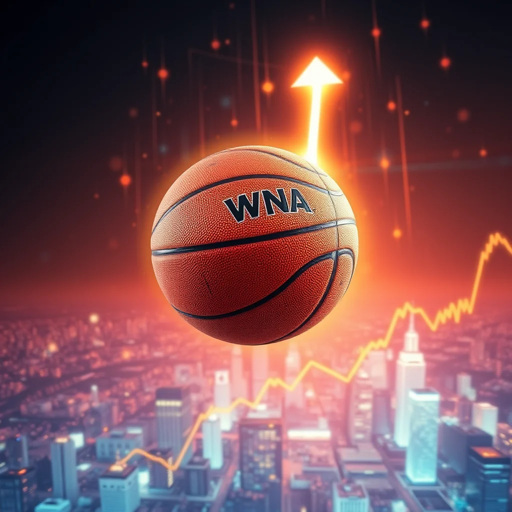 A basketball with the letters "WNA" on it hovers above a cityscape with a glowing upward arrow and a financial graph.