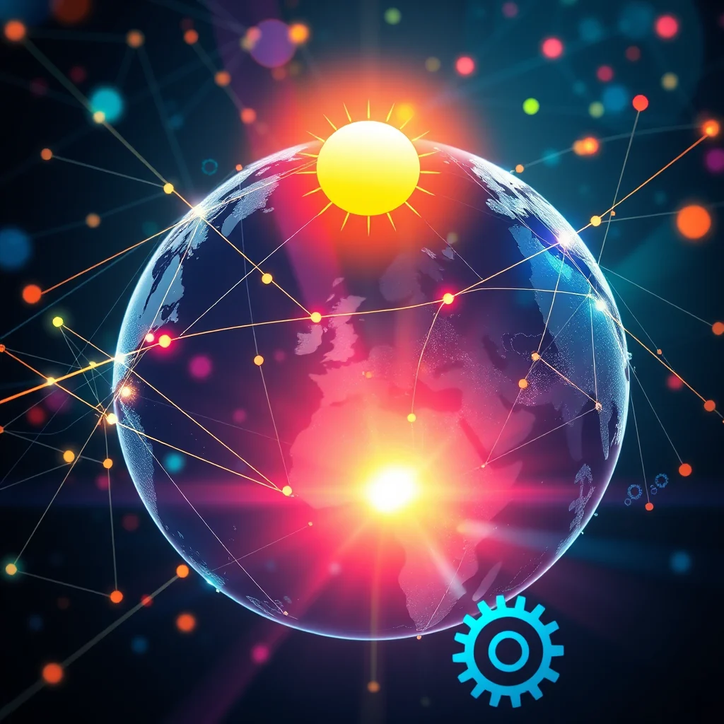 A stylized digital depiction of the Earth, overlaid with a glowing network of interconnected nodes and lines. A bright yellow sun-like orb shines from above the planet, casting a warm glow, while a powerful light emanates from beneath. In the lower right corner, a blue gear icon symbolizes technology or automation.