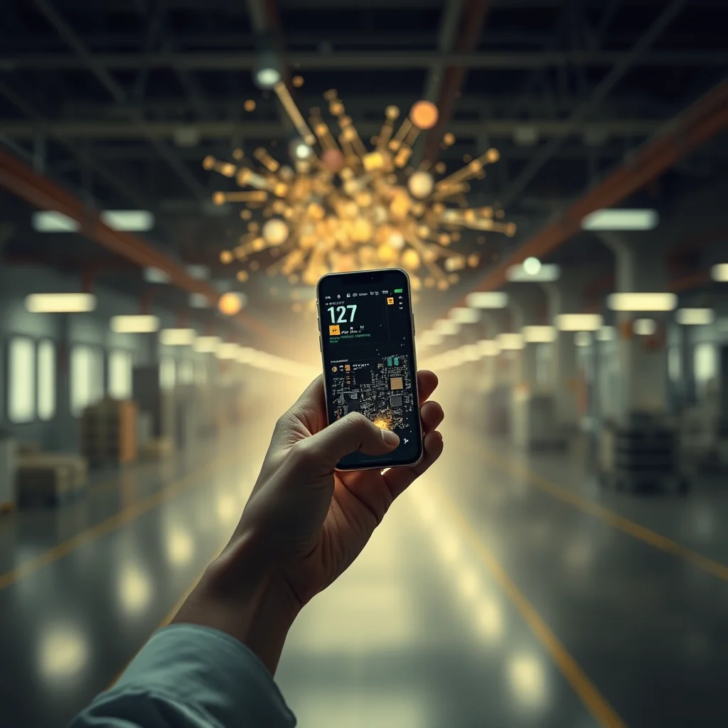 A hand holding a smartphone displays a screen showing a circuit board and a number "127" in a warehouse setting with a bokeh effect of bright lights in the background.