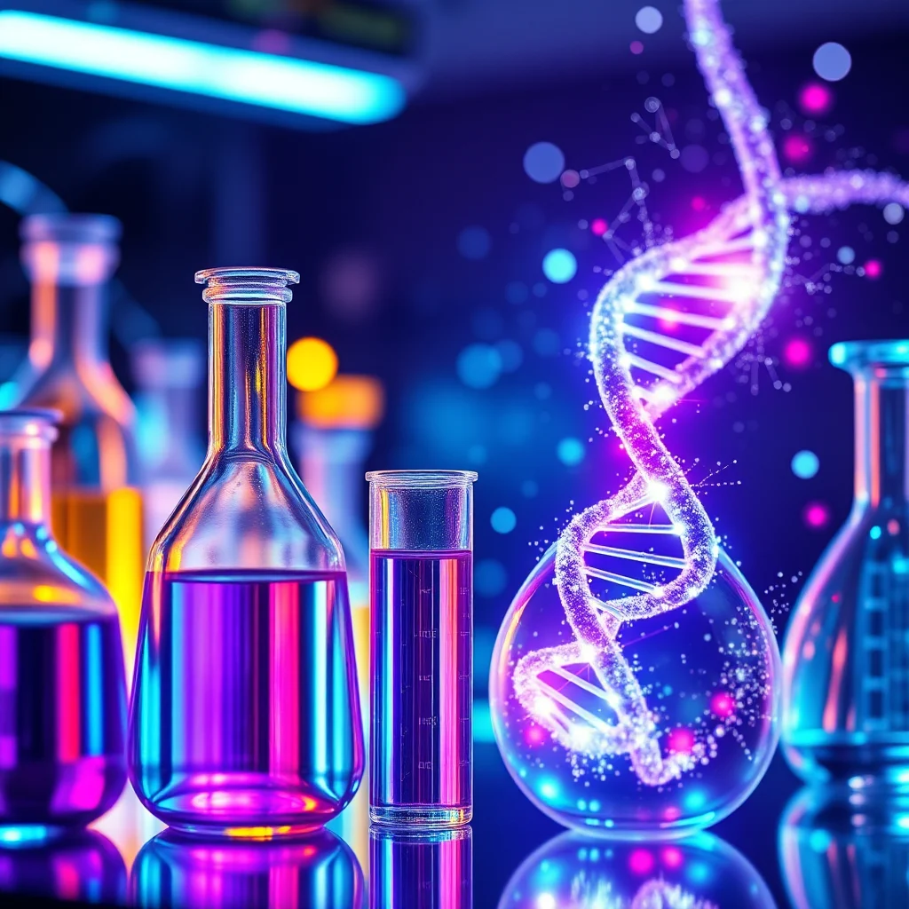 A laboratory scene with beakers and flasks filled with colorful liquids, with a glowing, animated DNA double helix floating in the center.