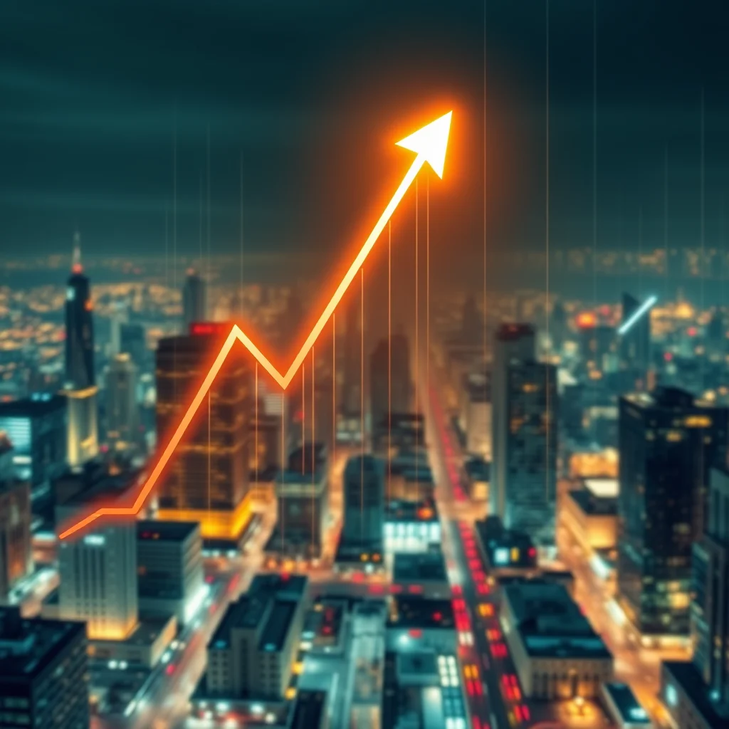 An orange line graph with an arrow pointing upwards, superimposed over a blurred nighttime cityscape.