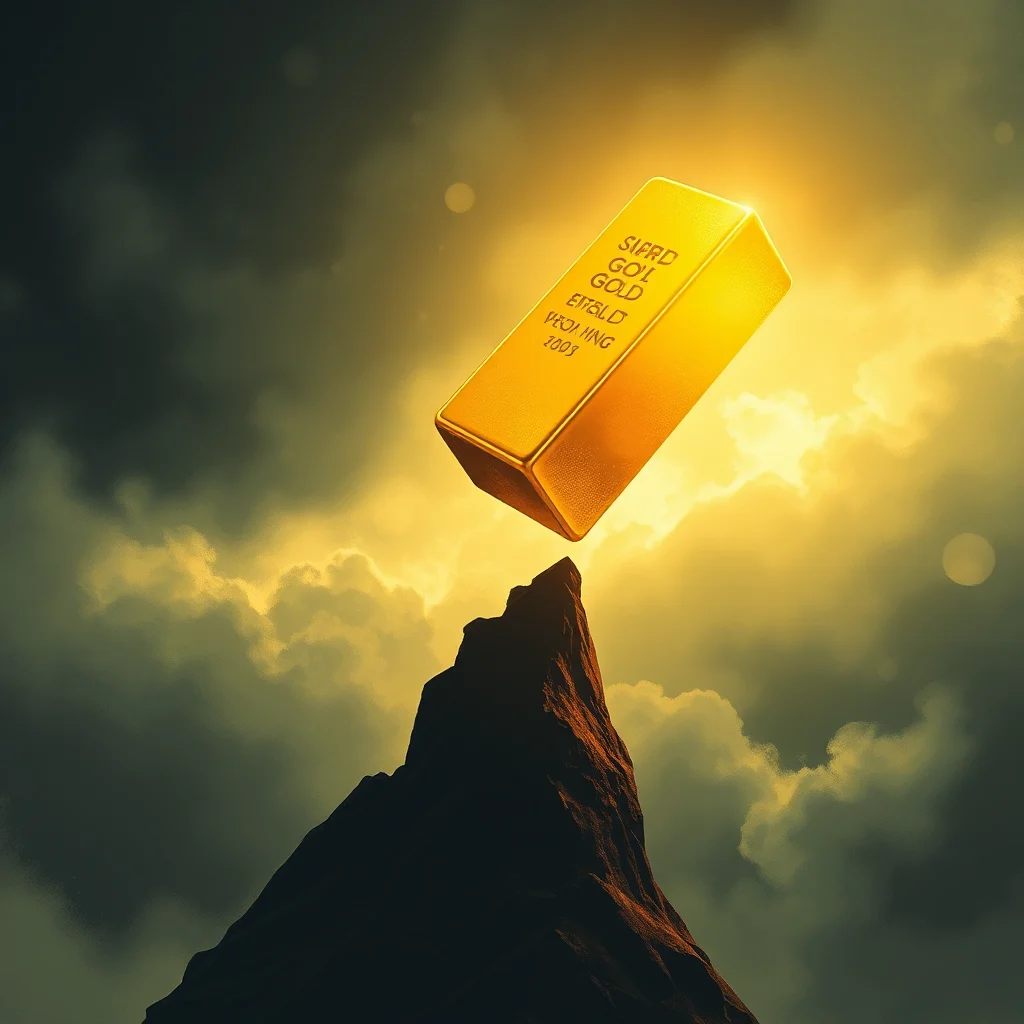 A golden bar of gold labeled "SUPREME GOLD" rests precariously on the very tip of a jagged, dark mountain peak against a dramatic backdrop of swirling golden clouds and dark storm clouds, illuminated by a bright, unseen light source.