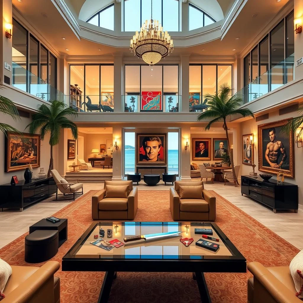 An opulent, expansive living room with soaring ceilings, large windows showcasing a waterfront view, and a grand crystal chandelier. The room is furnished with plush leather armchairs, a large patterned rug, and several framed portraits of distinguished men.