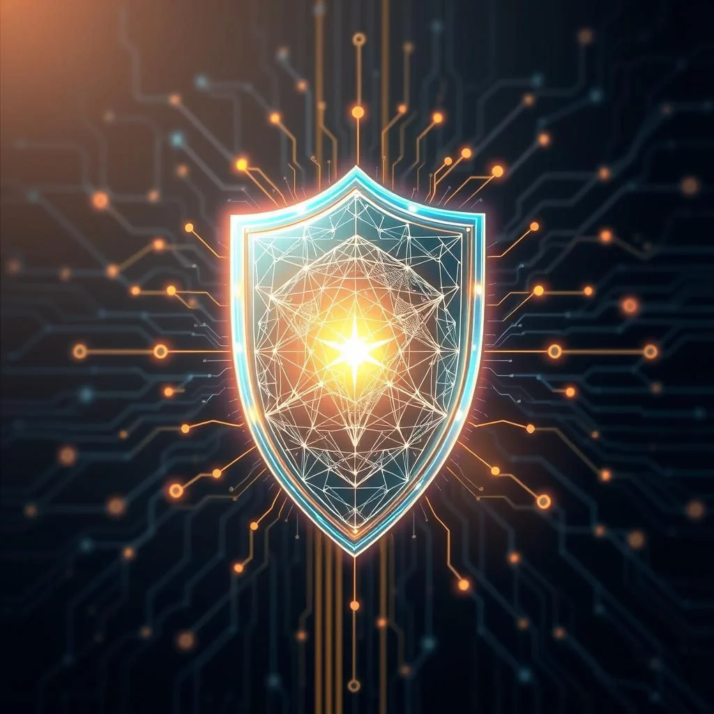 A digital shield, glowing with internal light, is superimposed on a dark background filled with glowing orange circuits and lines, representing a network.