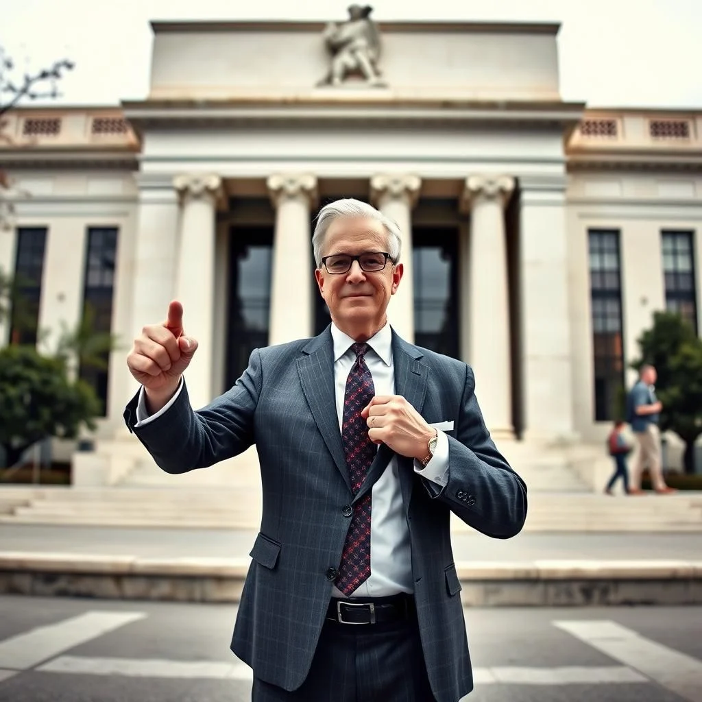 A man in a suit stands outside a building, pointing his finger and holding his lapel.