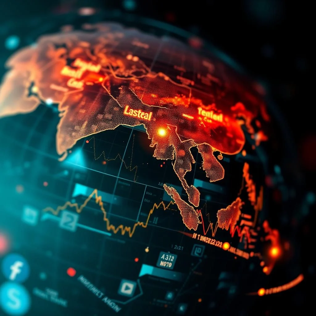 A digital globe displays a map of Asia in glowing red dots. Several locations on the map are highlighted with bright orange glows, and text labels such as "Lastcal" and "Tented" are visible. Below the globe, financial graphs and charts are displayed in teal and orange, with various data points and numerical indicators. Social media icons, including Facebook and a stylized "S", are also present in the lower left corner of the image.
