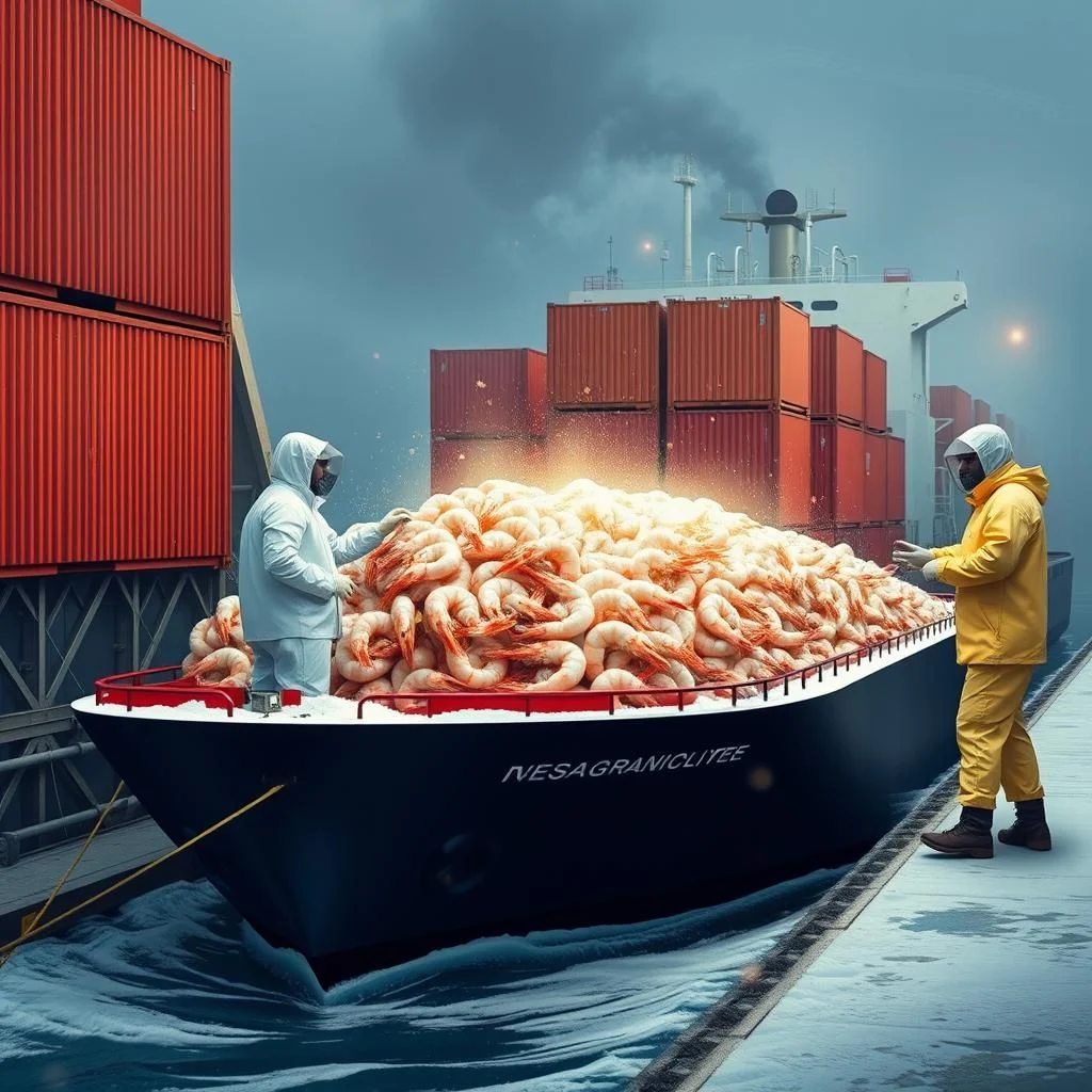 A cargo ship is loaded with a massive pile of cooked shrimp, with two people in protective suits standing on the deck.
