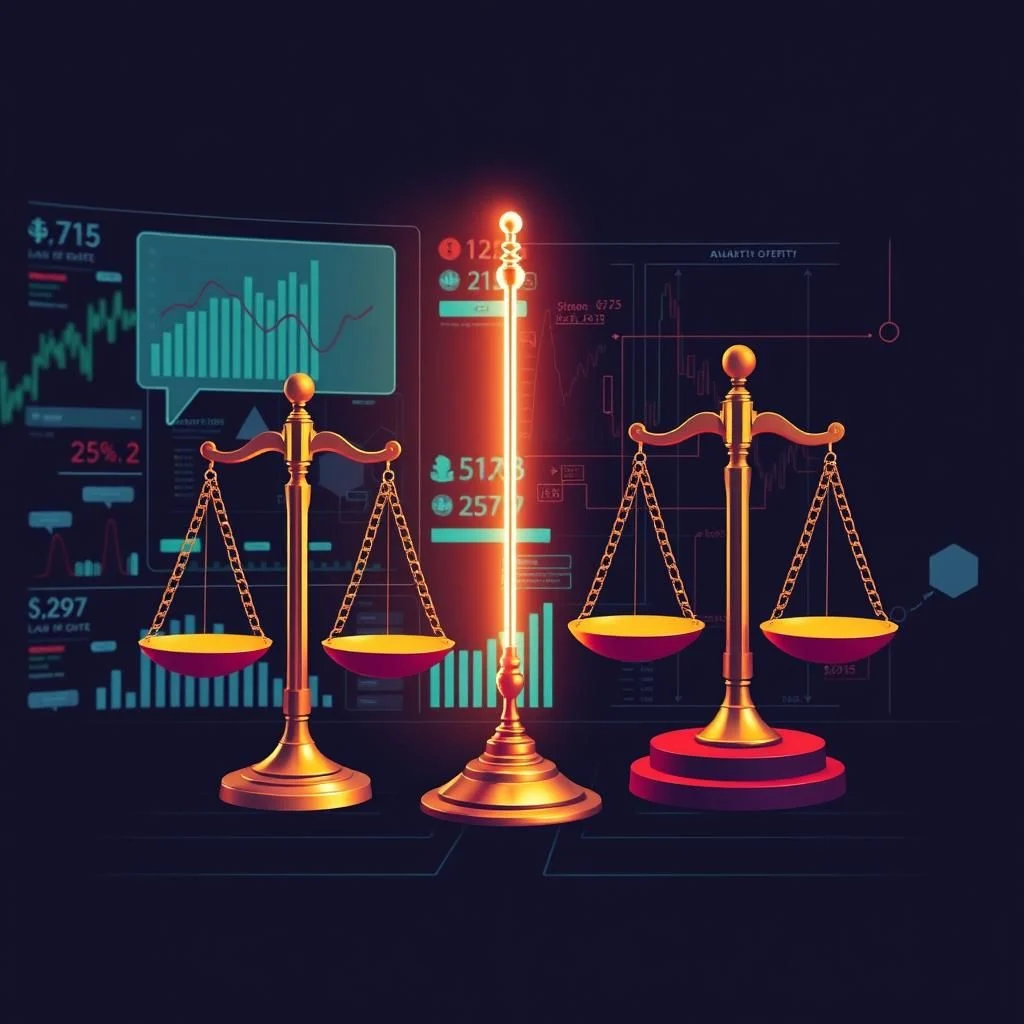 Three golden scales of justice stand against a dark background, with glowing financial charts and data displays behind them.