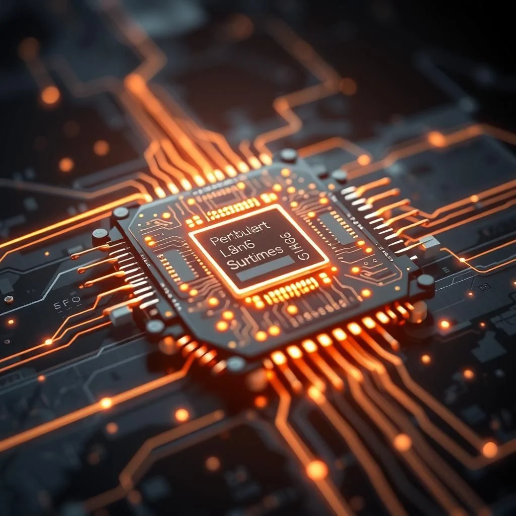 A close-up shot of a central processing unit (CPU) on a circuit board, with glowing orange lines representing electrical currents. The CPU itself has illuminated text that reads "Peribuhrt Lan6 Surtimes".