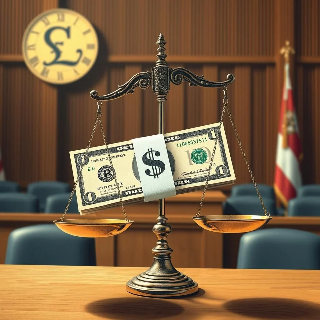 A justice scale is balanced with a stack of dollar bills on one side, symbolizing the weight of money in legal matters.