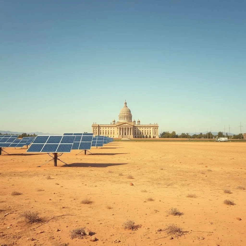 A wide shot shows a sprawling solar farm in the foreground, with rows of blue solar panels angled towards a clear, bright blue sky. In the background, a large, classical-style building with a prominent dome stands against the horizon, flanked by some trees and distant mountains. The ground in the foreground is dry and sandy, with sparse desert vegetation.