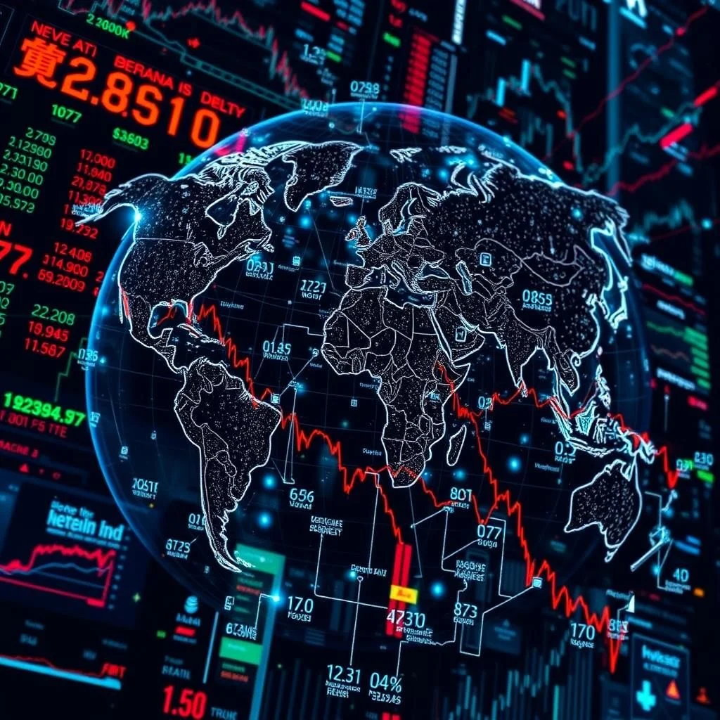A stylized, glowing blue outline of the Earth is depicted against a dark background filled with stock market data and charts. Red lines representing declining stock values are overlaid on the continents, with various numbers and labels scattered across the globe, indicating financial information.